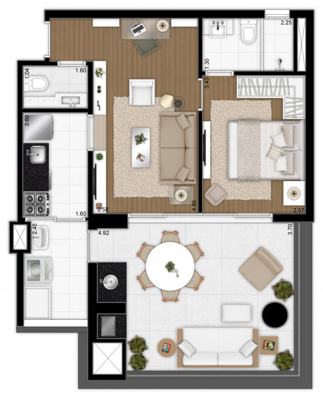 Planta ilustrada 64m² - 1 suíte com sugestão de decoração Planta ilustrada 64m² - 1 suíte com sugestão de decoração