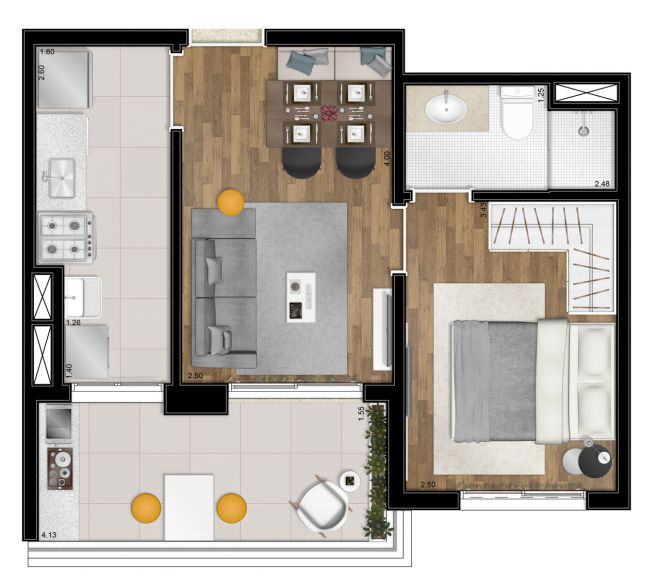 Planta ilustrada - 41m² - 1 suíte - com sugestão de decoração Planta ilustrada - 41m² - 1 suíte - com sugestão de decoração