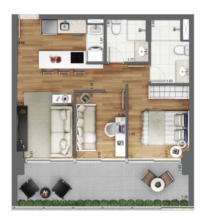 Planta ilustrada 61m² - 2 dormitórios (1 suíte) com sugestão de decoração Planta ilustrada 61m² - 2 dormitórios (1 suíte) com sugestão de decoração