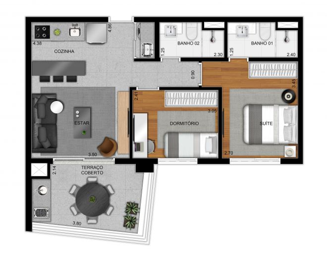 Planta tipo apto 61m² - 2 dormitórios (1 suíte) Planta tipo apto 61m² - 2 dormitórios (1 suíte)