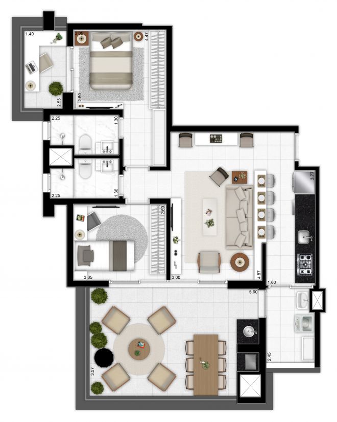 Planta ilustrada 90m² - 2 dorms (1 suíte) com sugestão de decoração Planta ilustrada 90m² - 2 dorms (1 suíte) com sugestão de decoração