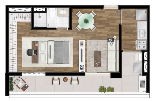 Planta ilustrada - 50m² - 1 suíte integrada - com sugestão de decoração Planta ilustrada - 50m² - 1 suíte integrada - com sugestão de decoração
