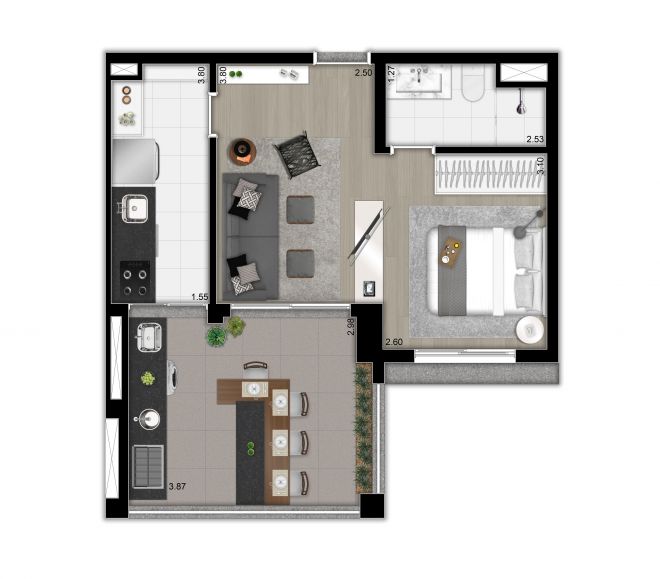 Planta ilustrada do apto. de 47m² - studio, cozinha fechada e ampliada - opção 2 Planta ilustrada do apto. de 47m² - studio, cozinha fechada e ampliada - opção 2