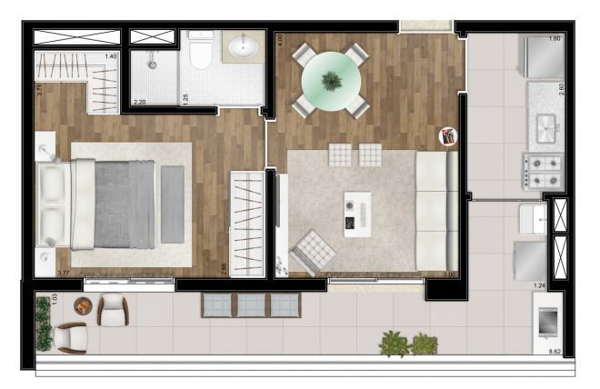 Planta ilustrada - 50m² - 1 suíte - com sugestão de decoração Planta ilustrada - 50m² - 1 suíte - com sugestão de decoração