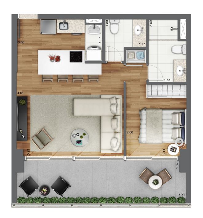 Planta ilustrada 61m² - 1 suíte com sugestão de decoração Planta ilustrada 61m² - 1 suíte com sugestão de decoração