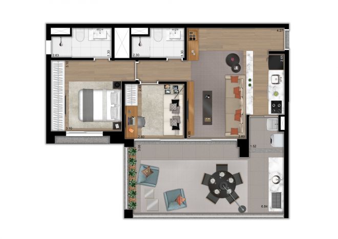 Planta ilustrada do apto. de 79M² - 2 dormitórios (1 suíte ampliada) e cozinha aberta – opção 2 Planta ilustrada do apto. de 79M² - 2 dormitórios (1 suíte ampliada) e cozinha aberta – opção 2