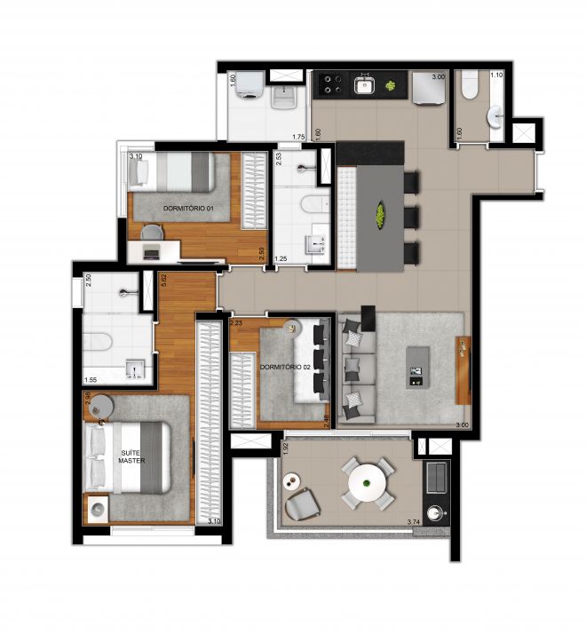 Planta tipo ilustrada de 88,50m² com sugestão de decoração Planta tipo ilustrada de 88,50m² com sugestão de decoração