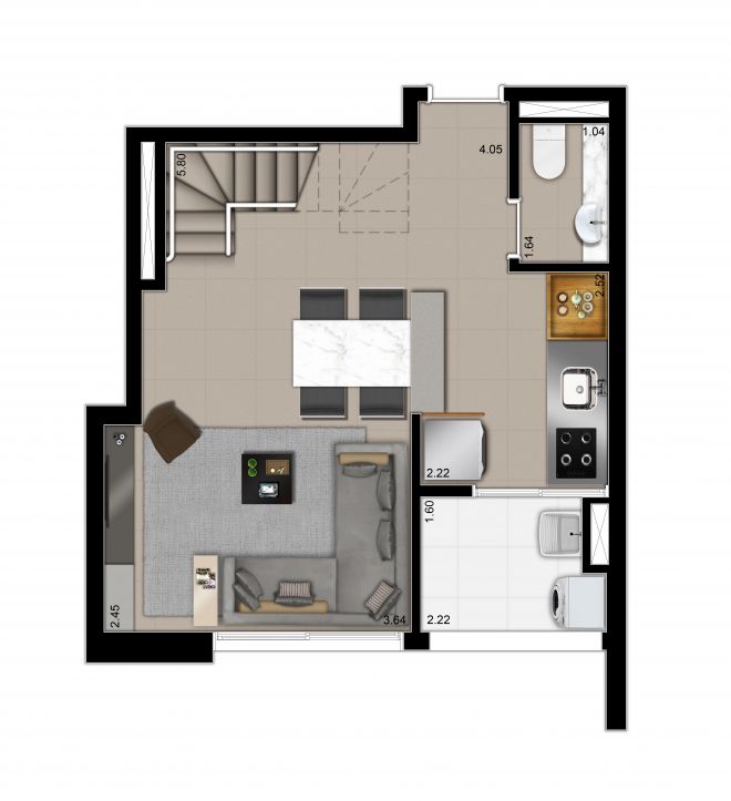 Planta tipo - piso inferior apto. duplex 79,90m² Planta tipo - piso inferior apto. duplex 79,90m²