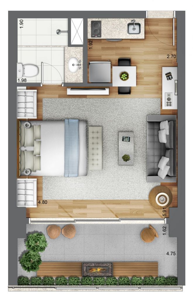planta ilustrada 41m² - Stúdio com sugestão de decoração planta ilustrada 41m² - Stúdio com sugestão de decoração