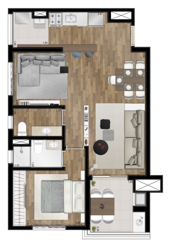 Planta ilustrada - 62m² - 1 suíte - com sugestão de decoração Planta ilustrada - 62m² - 1 suíte - com sugestão de decoração