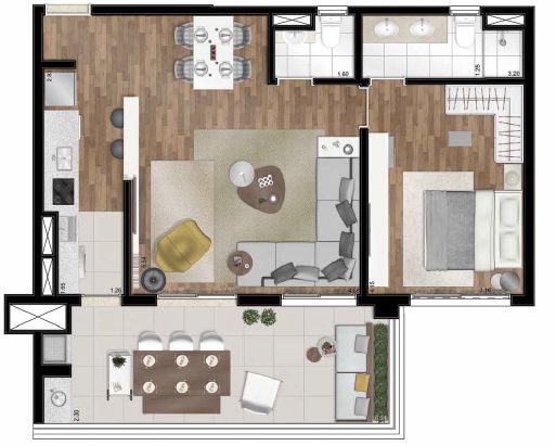 Planta ilustrada - 77m² - 1 suíte - com sugestão de decoração Planta ilustrada - 77m² - 1 suíte - com sugestão de decoração