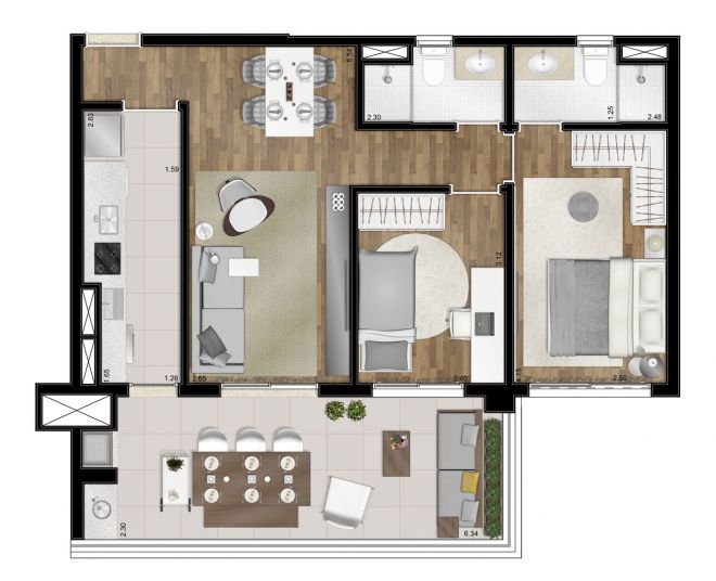 Planta ilustrada - 77m² - 2 dormitórios (1 suíte) - com sugestão de decoração Planta ilustrada - 77m² - 2 dormitórios (1 suíte) - com sugestão de decoração
