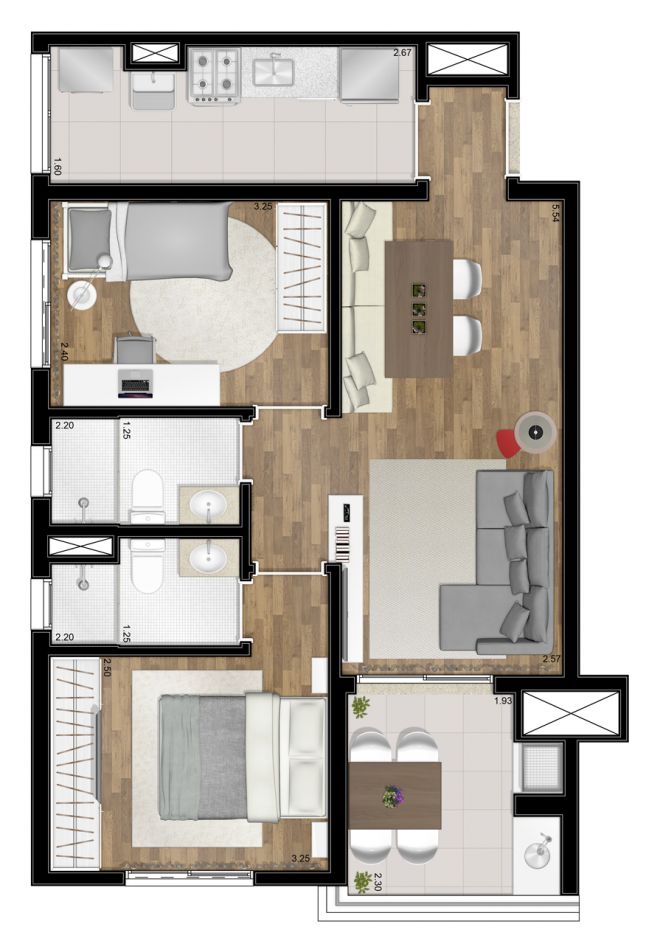 Planta ilustrada - 62m² - 2 dormitórios (1 suíte) - com sugestão de decoração Planta ilustrada - 62m² - 2 dormitórios (1 suíte) - com sugestão de decoração