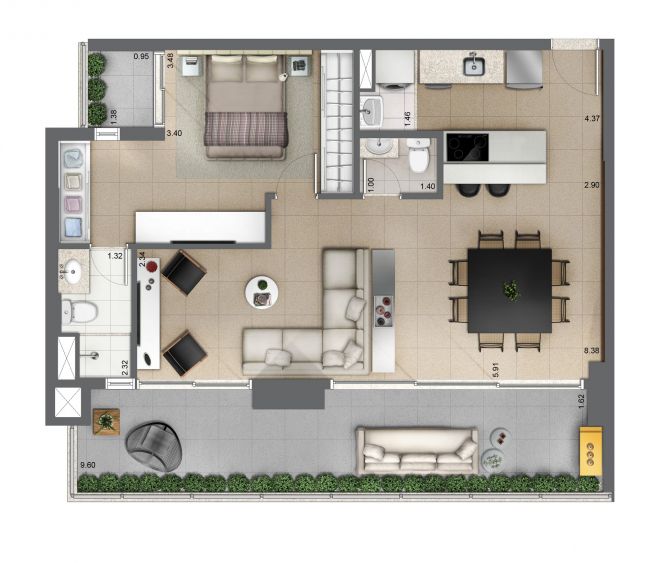 Planta ilustrada 81m² - 1 Suíte com sugestão de decoração Planta ilustrada 81m² - 1 Suíte com sugestão de decoração