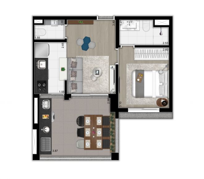 Planta tipo ilustrada do apto. de 47m² - 1 suíte, lavabo e cozinha aberta Planta tipo ilustrada do apto. de 47m² - 1 suíte, lavabo e cozinha aberta