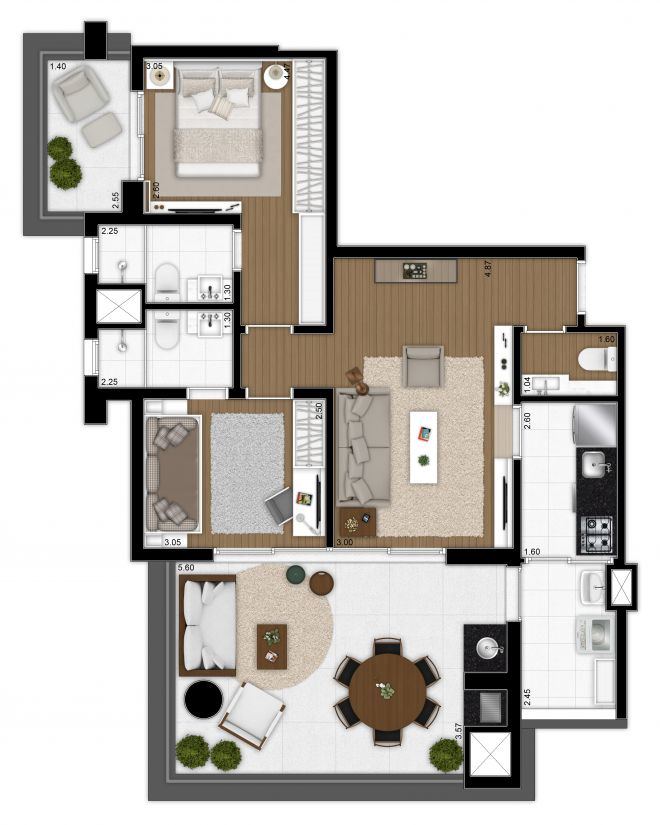 Planta ilustrada 90m² - 2 suítes com sugestão de decoração Planta ilustrada 90m² - 2 suítes com sugestão de decoração