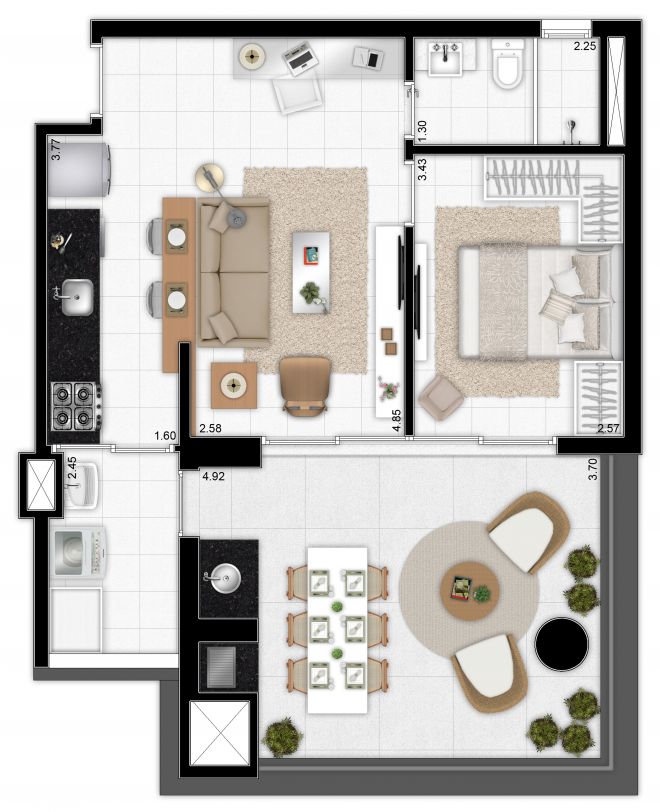 Planta ilustrada 64 m² – 1 dormitório – cozinha ampliada e integrada ao living com sugestão de decoração Planta ilustrada 64 m² – 1 dormitório – cozinha ampliada e integrada ao living com sugestão de decoração