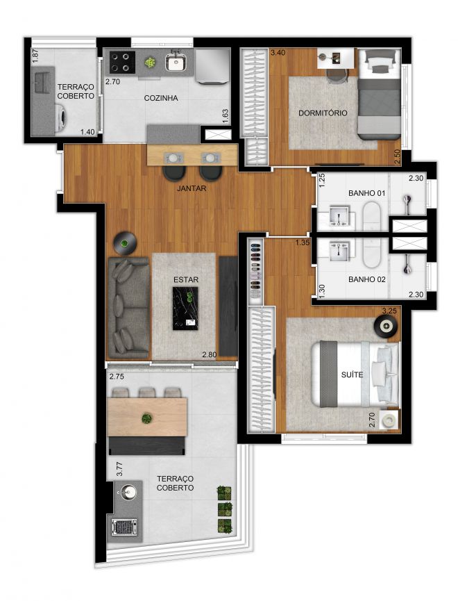Planta tipo apto 69m² - 2 dormitórios (1 suíte) Planta tipo apto 69m² - 2 dormitórios (1 suíte)