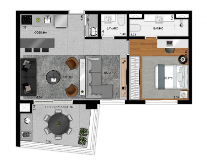 Planta opção apto 61m² - 1 suíte e living ampliado Planta opção apto 61m² - 1 suíte e living ampliado