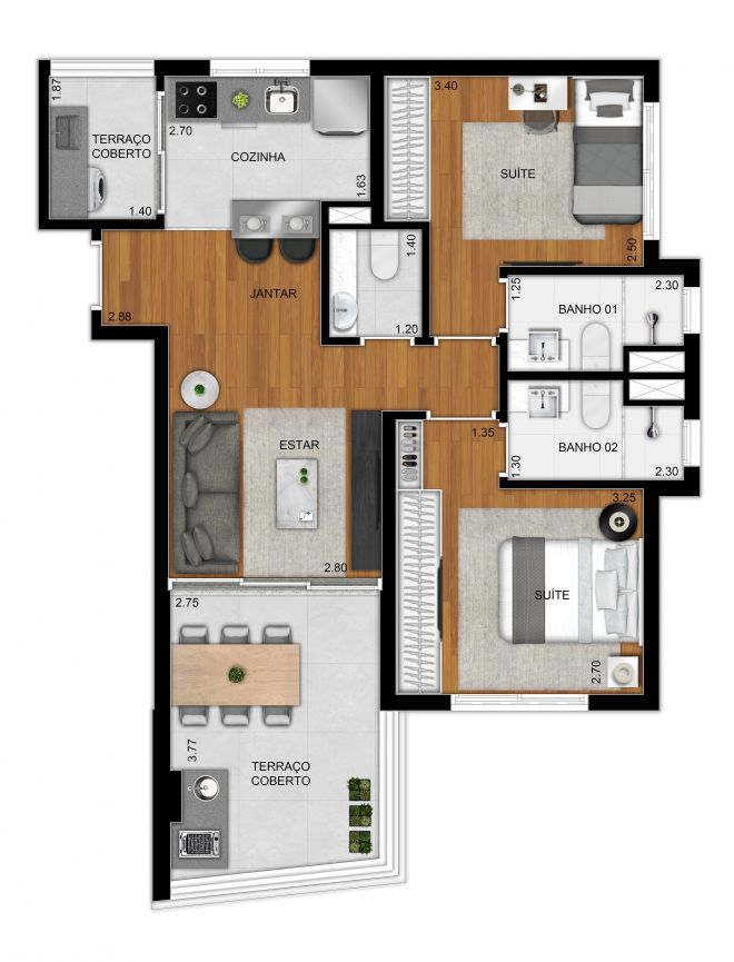 Planta opção apto 69m² - 2 suítes e lavabo Planta opção apto 69m² - 2 suítes e lavabo