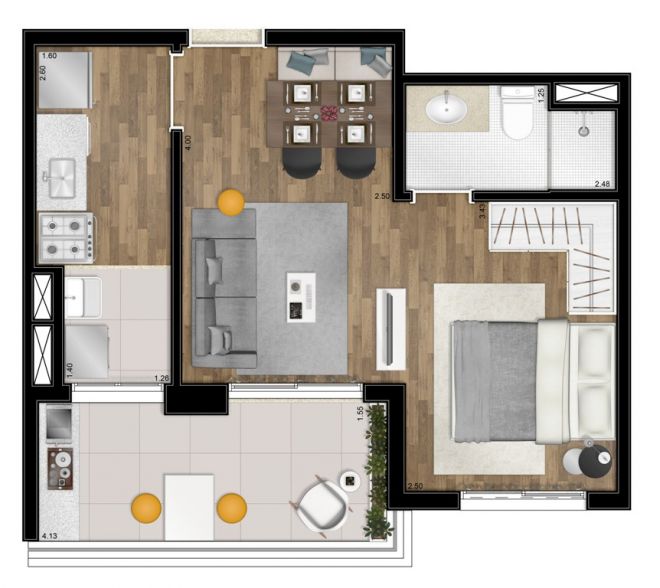 Planta ilustrada - 41m² - 1 suíte integrada - com sugestão de decoração Planta ilustrada - 41m² - 1 suíte integrada - com sugestão de decoração