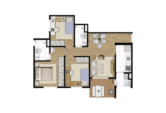 Planta ilustrada 73m² - com sugestão de decoração Planta ilustrada 73m² - com sugestão de decoração