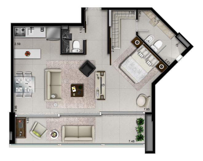 Ilustração artística da planta 66m² - com sugestão de decoração Ilustração artística da planta 66m² - com sugestão de decoração