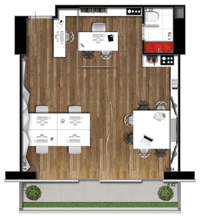 Ilustração artística da planta 59m² - com sugestão de decoração Ilustração artística da planta 59m² - com sugestão de decoração