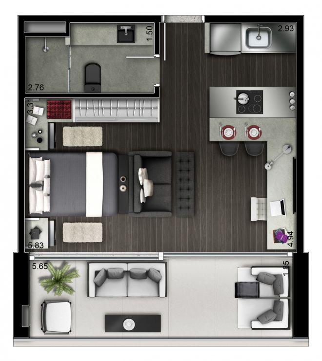 Ilustração artística da planta 42m² - com sugestão de decoração Ilustração artística da planta 42m² - com sugestão de decoração