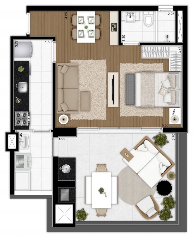 Planta ilustrada 64 m² – suíte integrada ao living e cozinha ampliada com sugestão de decoração Planta ilustrada 64 m² – suíte integrada ao living e cozinha ampliada com sugestão de decoração