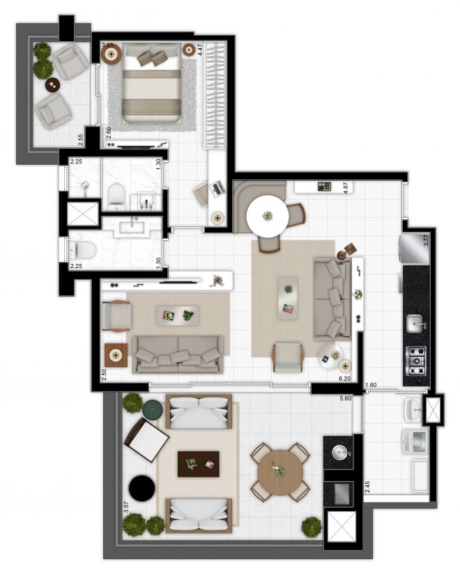 Planta ilustrada 90m² - 1 suíte – lavabo – living ampliado com sugestão de decoração Planta ilustrada 90m² - 1 suíte – lavabo – living ampliado com sugestão de decoração